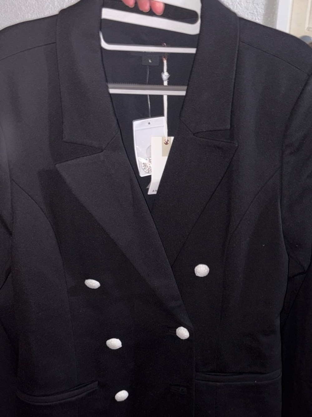 Good American Black Double-Breasted Blazer with White Buttons